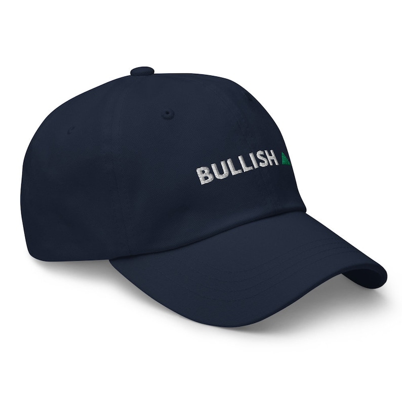 May include: A navy blue baseball cap with the text "BULLISH" in white and a green upward-pointing triangle.