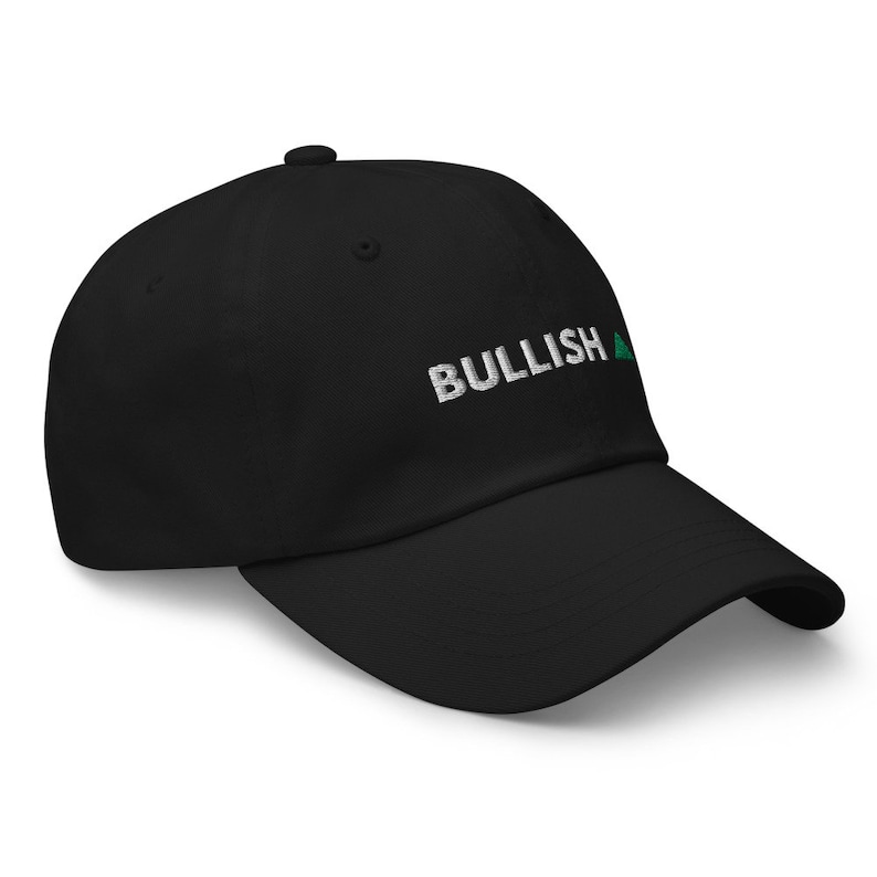 May include: A black baseball cap with a white embroidered "BULLISH" and a green upward-pointing triangle.