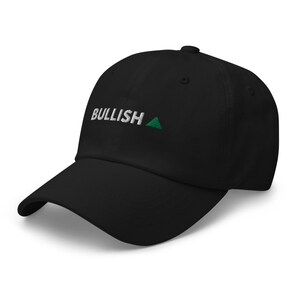 May include: A black baseball cap with a white embroidered "BULLISH" and a green triangle.