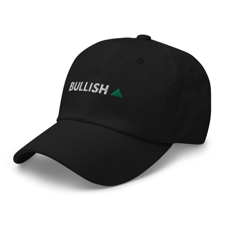 May include: A black baseball cap with a white embroidered "BULLISH" and a green triangle.