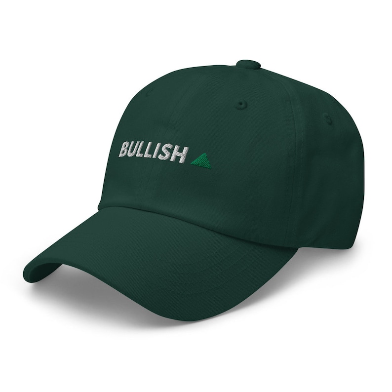 May include: A dark green baseball cap with the word "BULLISH" embroidered in white with a green triangle above the word.