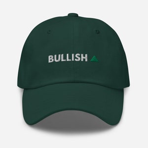 May include: A dark green baseball cap with the word "BULLISH" embroidered in white and a green upward pointing triangle.