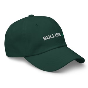 May include: A dark green baseball cap with the text "BULLISH" embroidered in white on the front.