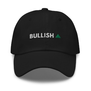 May include: Black baseball cap with white embroidered text "BULLISH" and a green triangle.