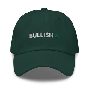 May include: A dark green baseball cap with the word "BULLISH" and a green upward pointing triangle embroidered on the front.