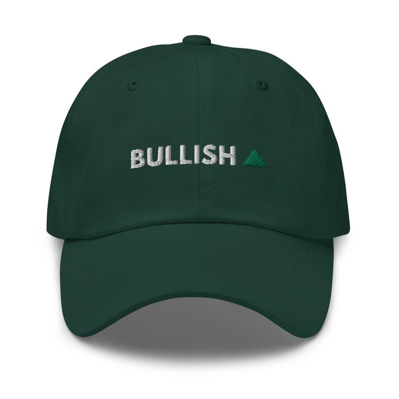 May include: A dark green baseball cap with the word "BULLISH" and a green upward pointing triangle embroidered on the front.