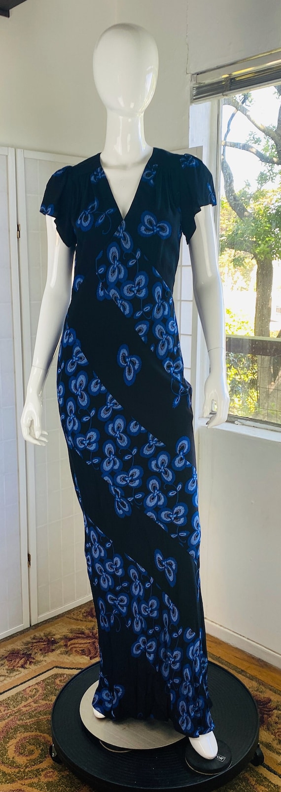NWT, Ozzie Clark, Blue Rayon Print Bias Cut Dress,