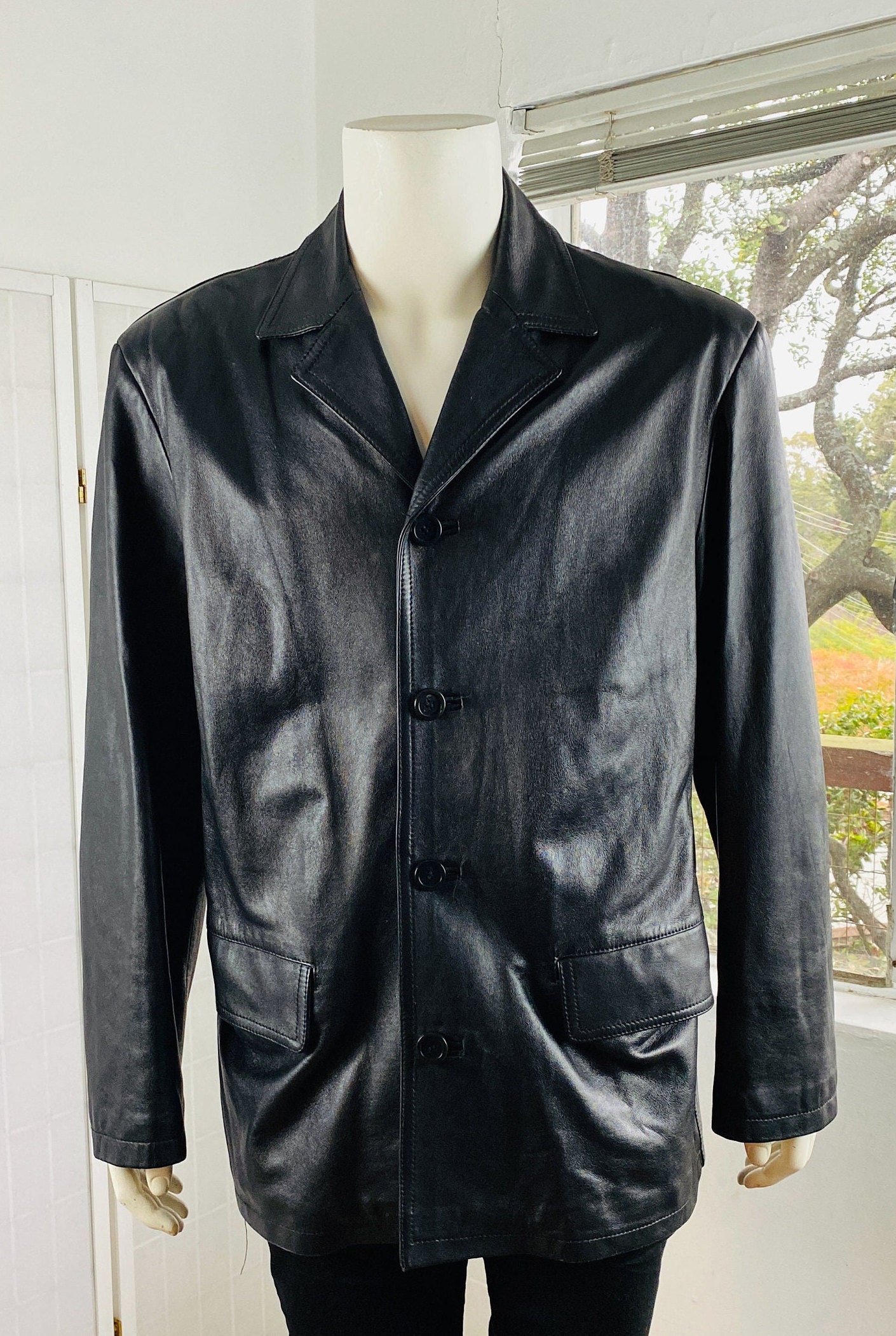 Vintage SAX, Mens Black Leather 4 Button Jacket W/pockets. - Etsy