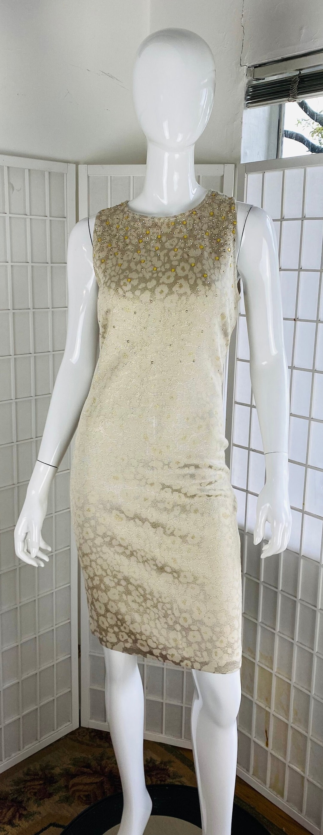 st john beaded dress Vintage 1980s Beaded Ivory Knit Sweater Dress / Marie Gray St. John Ivory /  One Size