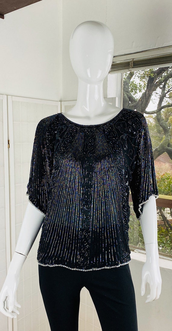 Vintage hand beaded / sequined cocktail top w/ cre