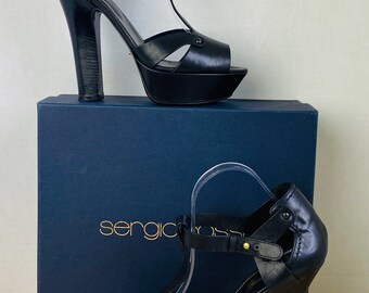 SERGIO ROSSI Black Leather T-Strap Platform Sandals, 10.