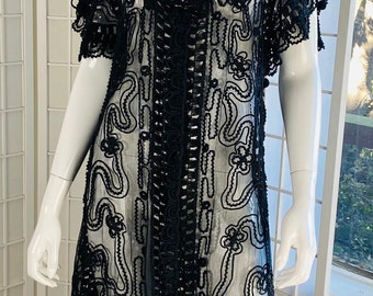Antique Early 20th Century Edwardian Women's Hand Made / Sewn Black Soutache Lace Duster / Dress. M.