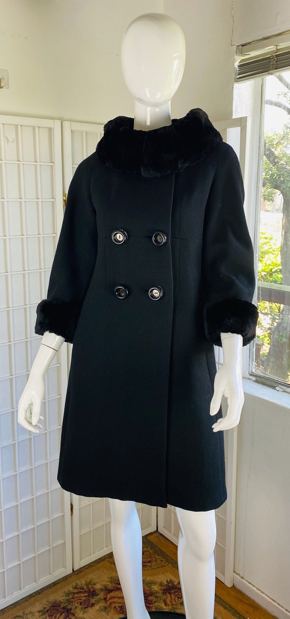 Vintage Womens Black Imported Wool Fur Trim Double