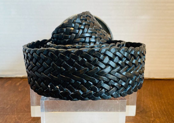 Artisan silver tone filigree black leather braide… - image 4
