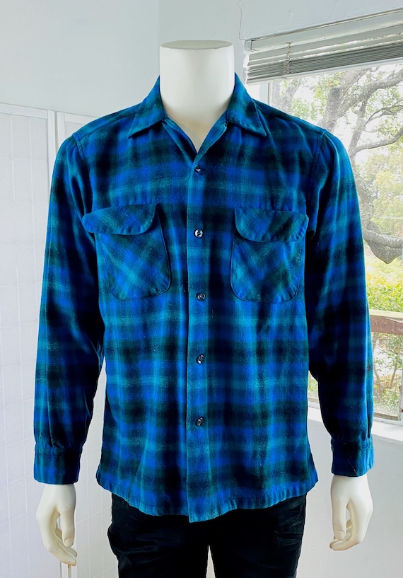 Vintage blue shadow plaid Pendleton shirt, M.