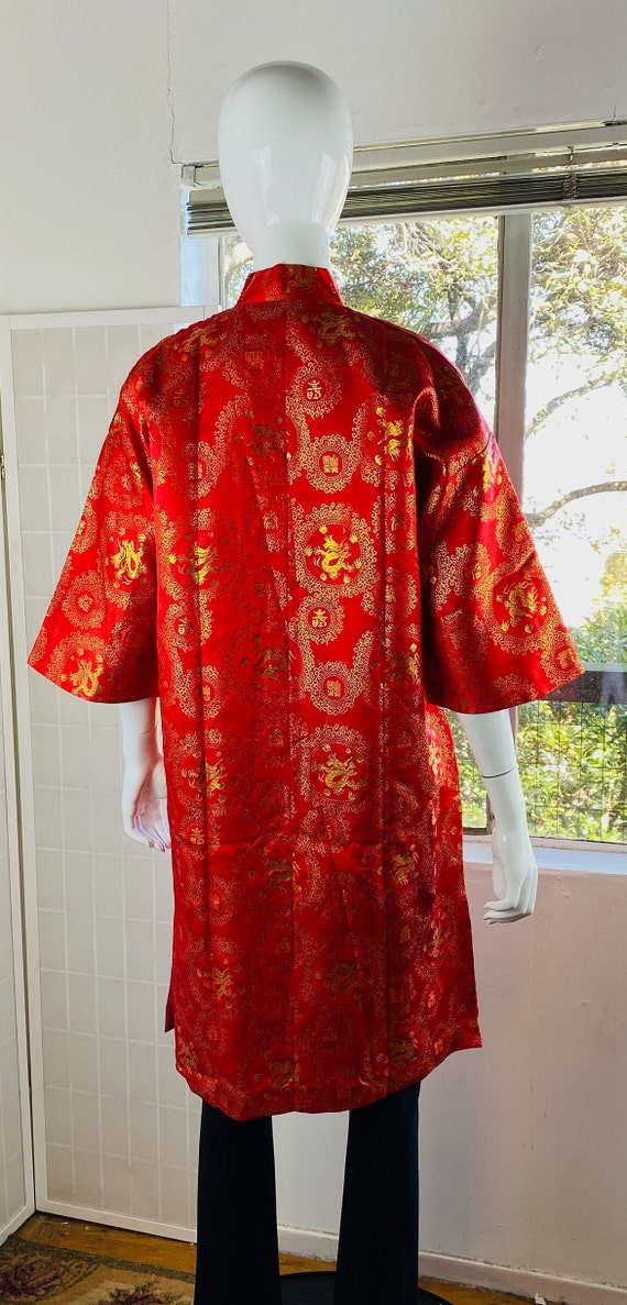 Vintage Red & Gold Rayon Embroidered Asian Robe w… - image 3