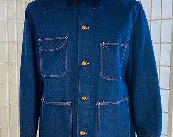 Vintage WRANGLER Mens Indigo Blue Denim Blanket Lined Chore Coat, L.