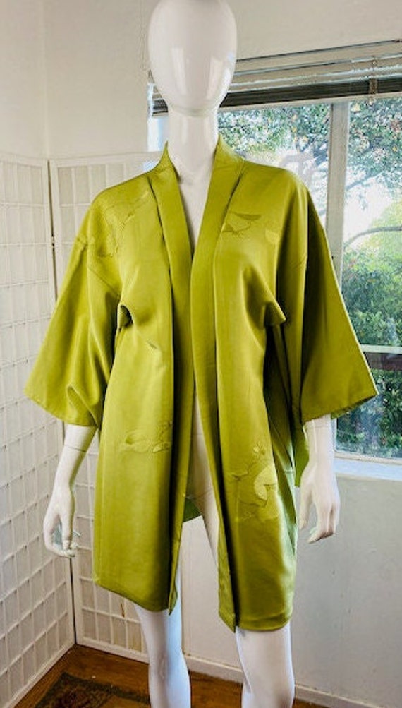 Vintage green hand sewn silk Kimono, Med. - image 1