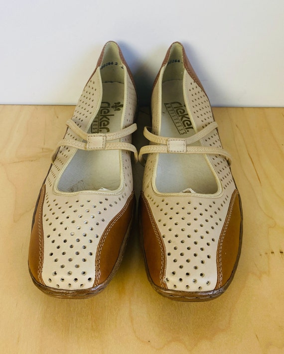 Rieker Khaki & Brown Leather Slip-On Flats, 41.