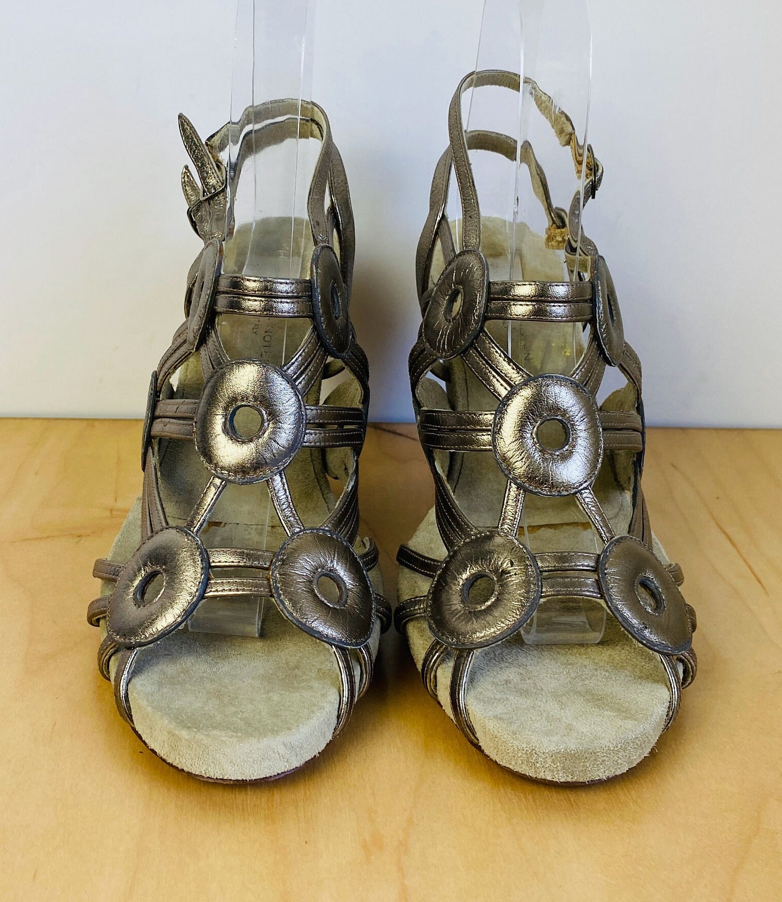 【Dries Van Noten】 メタリックウェッジミュール グリーン Dries Van Noten Metallic Clear Heel Pumps In Leather Women