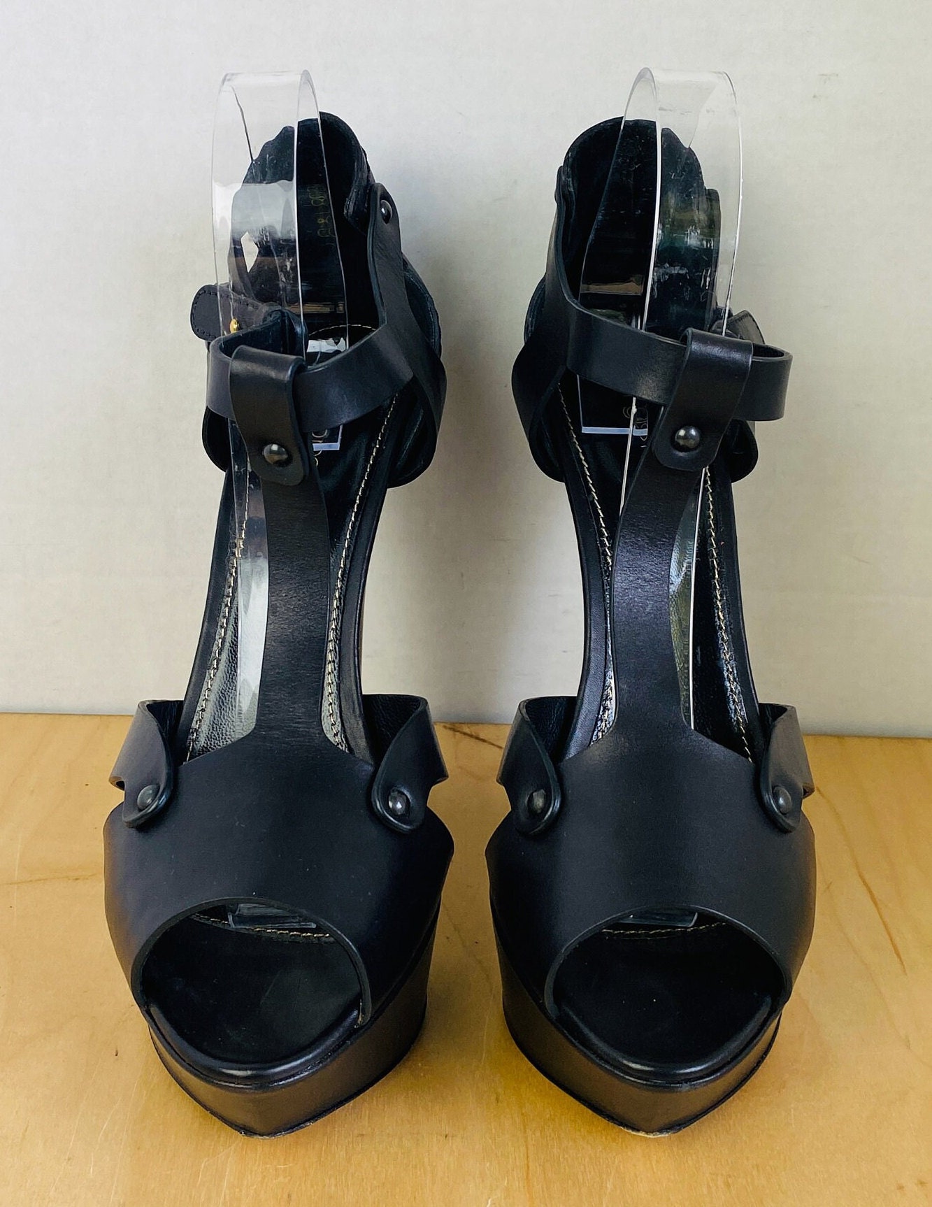 SERGIO ROSSI Black Leather T-strap Platform Sandals, 10. - Etsy