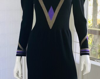 Vintage 1970's Adolfo at Saks Fifth Ave black, grey, and purple geometric abstract art deco wool blend knit bateau boat neck dress. S.