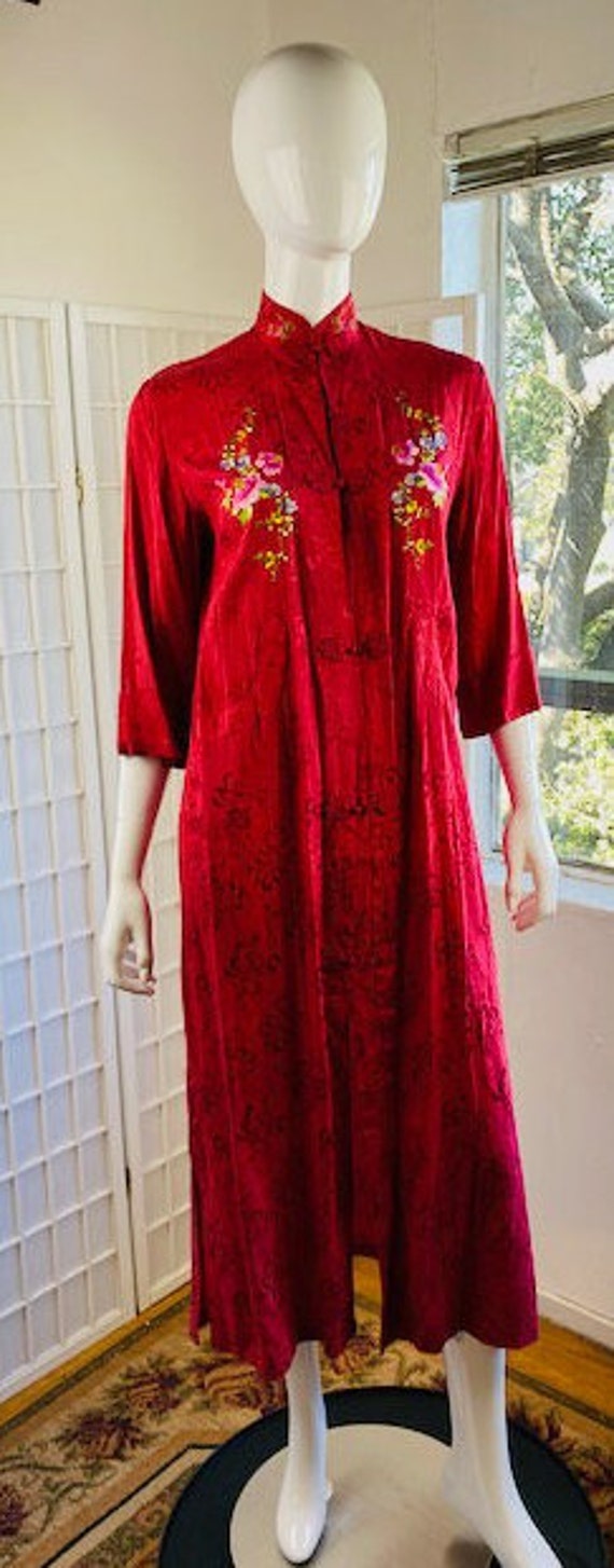 Vintage red embroidered rayon Kimono robe, 2 / 4. - image 2