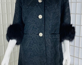 Vintage hand made black brocade fabric cocktail coat w/mink cuffs/crystal buttons, L.