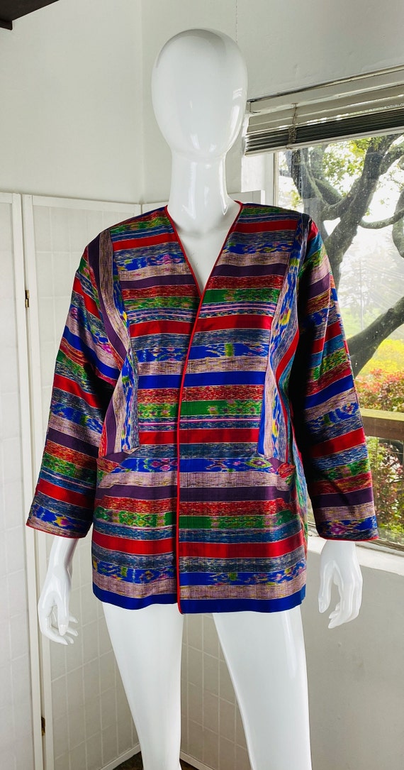 Vintage P.K. Womens Red Blue Thai Silk Long Sleeve