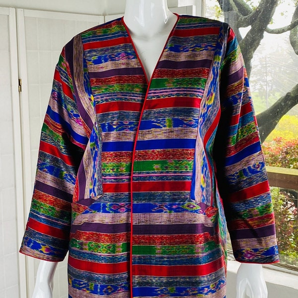 Vintage P.K. Womens Red Blue Thai Silk Long Sleeve Striped Open Front Jacket, S.
