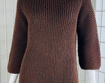 Vintage 1960s Womens Chocolate Brown Hand Knit Mini Dress, M.