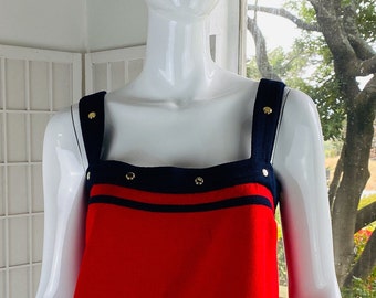 Vintage St John red & blue rayon knit tank top w/ zipper, L.