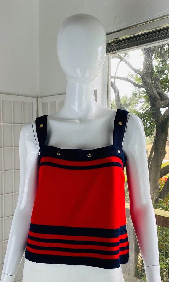 Vintage St John red & blue rayon knit tank top w/ 