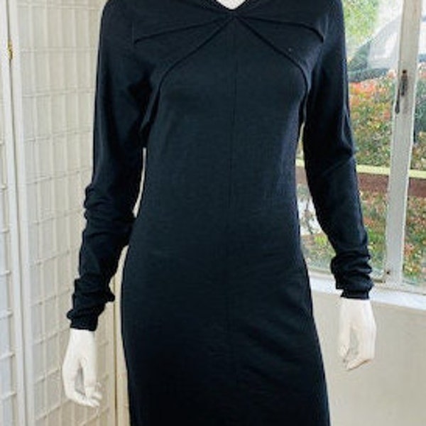 Vintage Balenciaga, Paris, black wool darted dress w/piping.