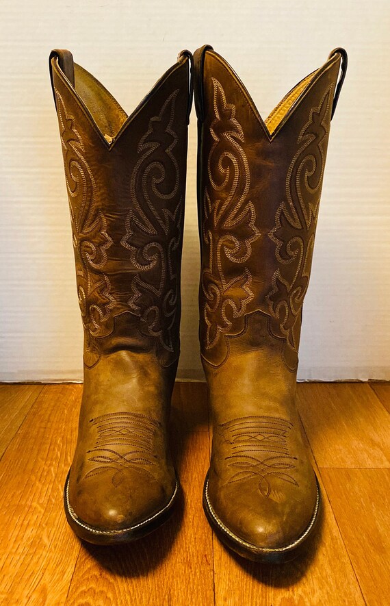 Justin Mens Tall Buck Brown Leather Western Cowboy Boots, 9  display picture 2