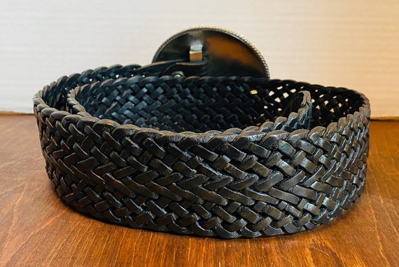 Artisan silver tone filigree black leather braide… - image 2