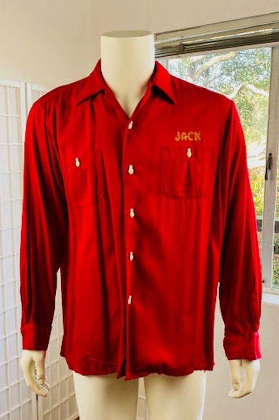 Vintage Air Flow, red rayon bowling shirt, XL. - image 1