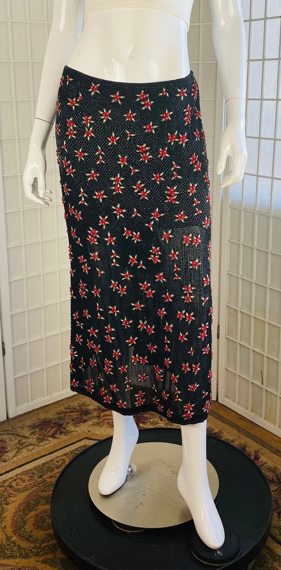 ESCADA, Womens Black & Red Beaded Skirt w/ Liner, 