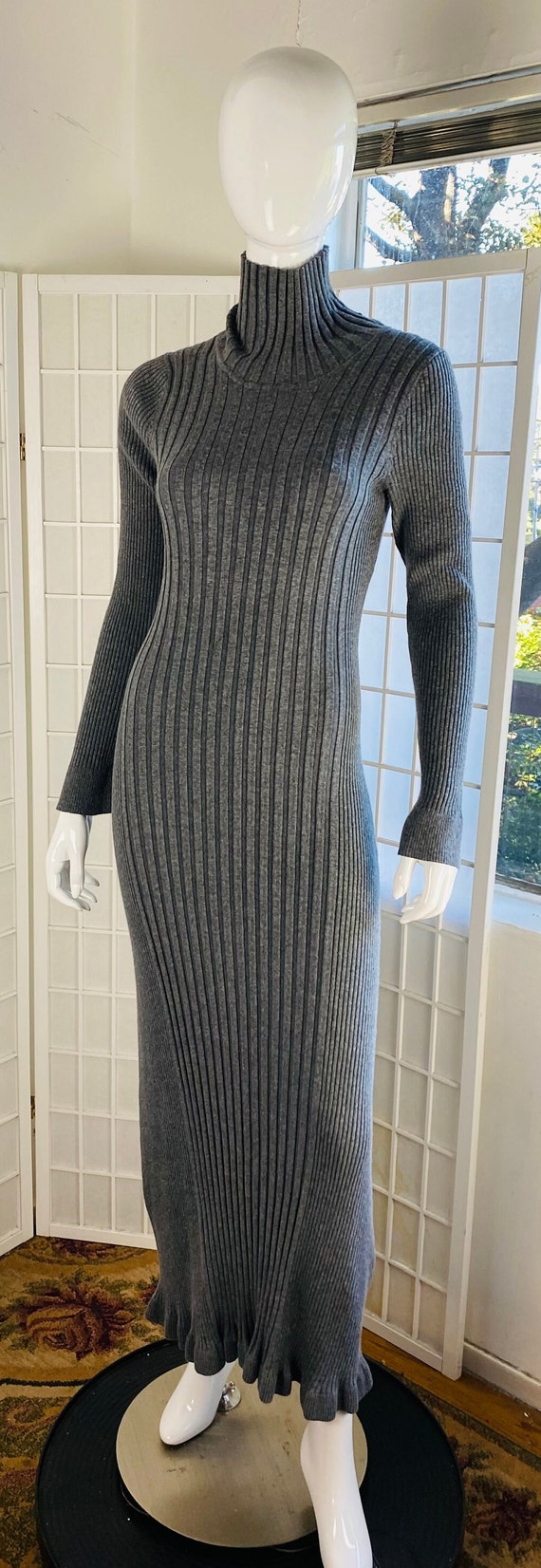 VEDA, Gray Knit Striped Ribbed Maxi Tube Dress, XL