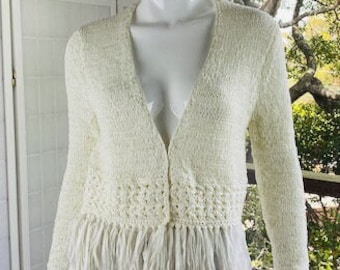 Minnie Rose Open Cardigan w/ White Fringe Trim, M.