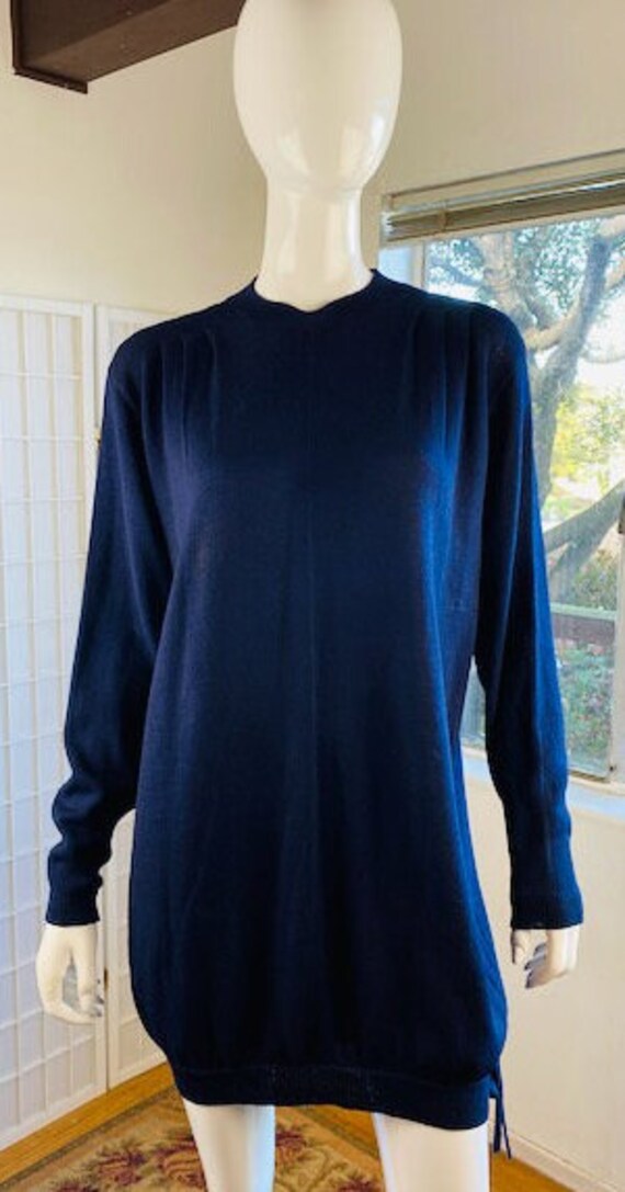 Vintage St John Blue Rayon Knit Crew Neck Sweater Dress W/Banded Hem.
