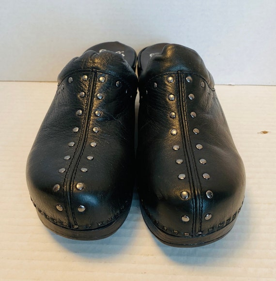 Soft womens studded black leather clogs, 9M. - image 1