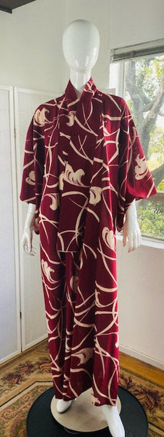 Vintage hand dyed printed rayon Kimono, M. - image 6