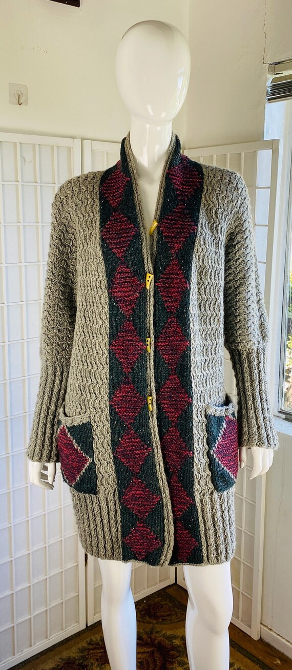 Vintage hand knit long maxi cardigan w/ patch pock