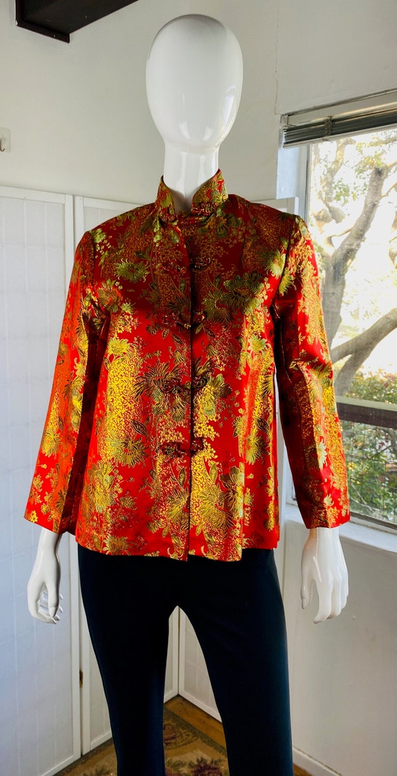 Vintage Chinese red & gold silk rayon brocade jack