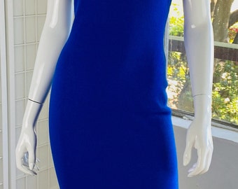 St John blue rayon knit asymmetrical maxi dress, 4.