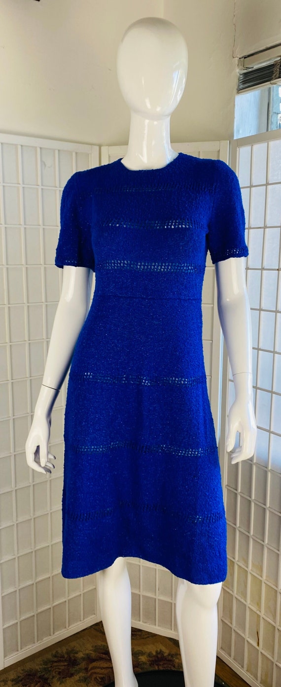 Vintage hand knit blue metallic open work dress.