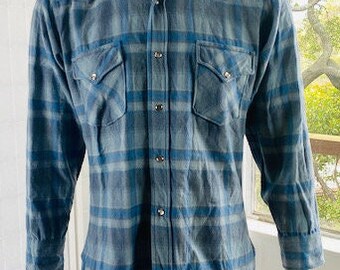 Vintage blue shadow plaid Pendleton snap button shirt, M.