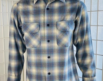 Vintage Pendleton Mens Blue Gray Plaid Wool Board Shirt, Sm Vintage Pendleton Mens Blue Gray Plaid Wool Board Shirt, Sm