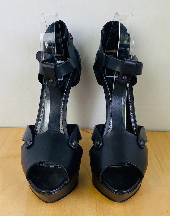 SERGIO ROSSI Black Leather T-strap Platform Sandals, 10. - Etsy